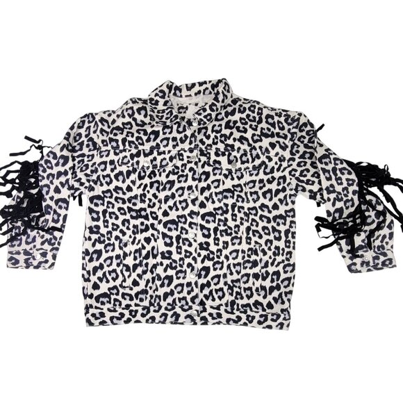 Peach Love Denim Jackey The Lollie White Animal Print Button Fringe Womens Large - Picture 3 of 10